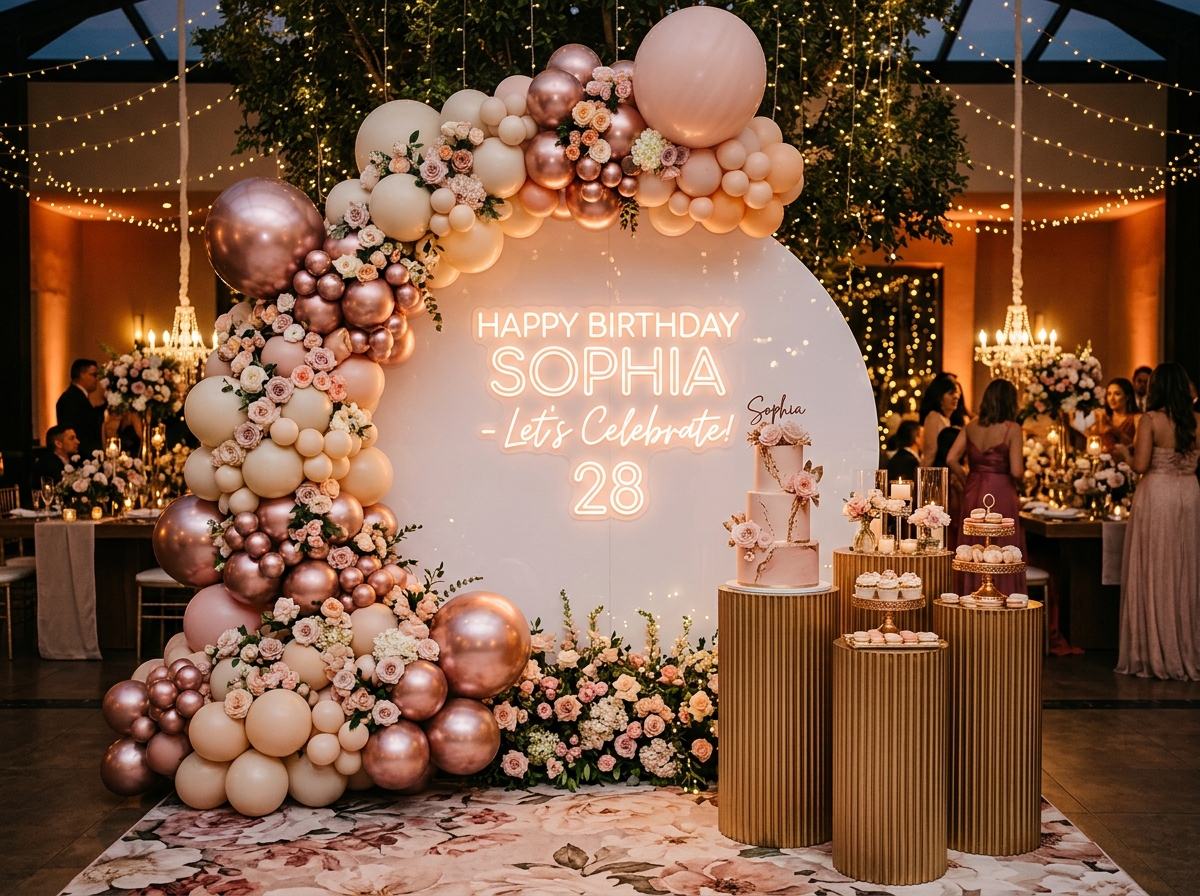 Birthday decoration with pastel balloons and neon sign by Adil Event