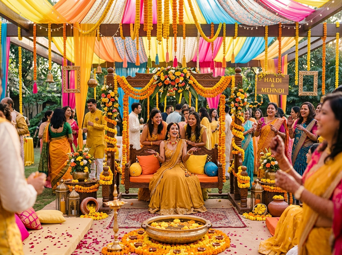 Vibrant Haldi and Mehndi marigold decor by Adil Event